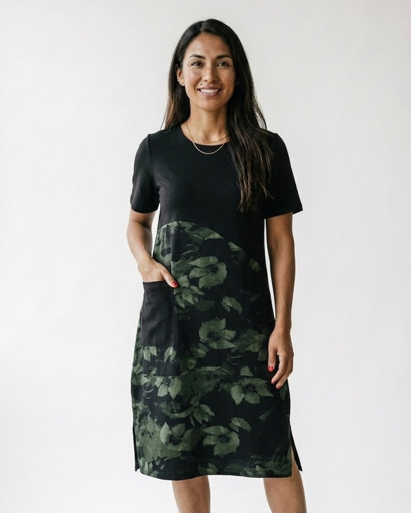 Solène™ | Vestido patchwork con cuello redondo y estampado floral