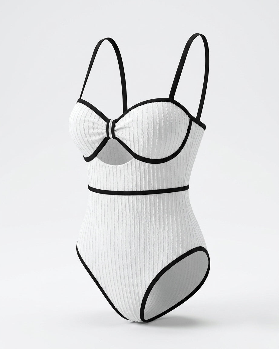 Adèle™ | ribbed tricolor piping knotted openwork una pieza bañador