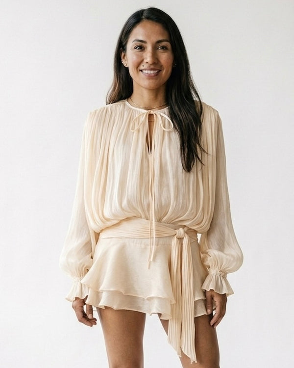 Éléonore™ | Vestido drapeado de manga larga, minifalda y cintura plisada – marfil