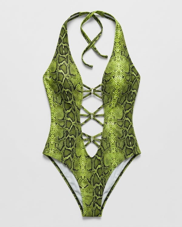 Lana™ | snake-estampado cutout cuello halter strap una pieza bañador