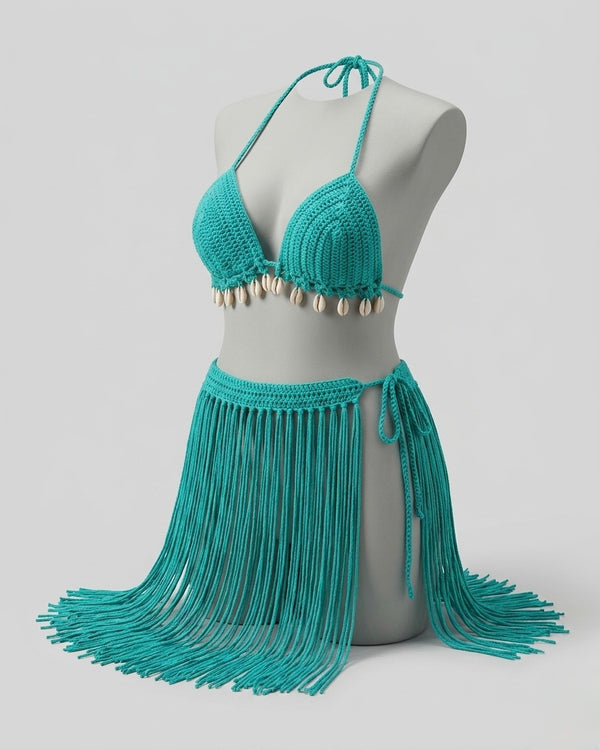 Selma™ | hand-crocheted shell-decorated tassel falda and bikini top two-piece set