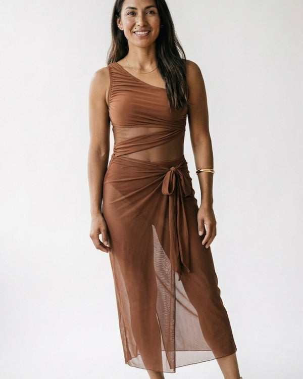 Rosalie™ | vacation one-shoulder malla hollow-out patchwork bañador and sarong falda set