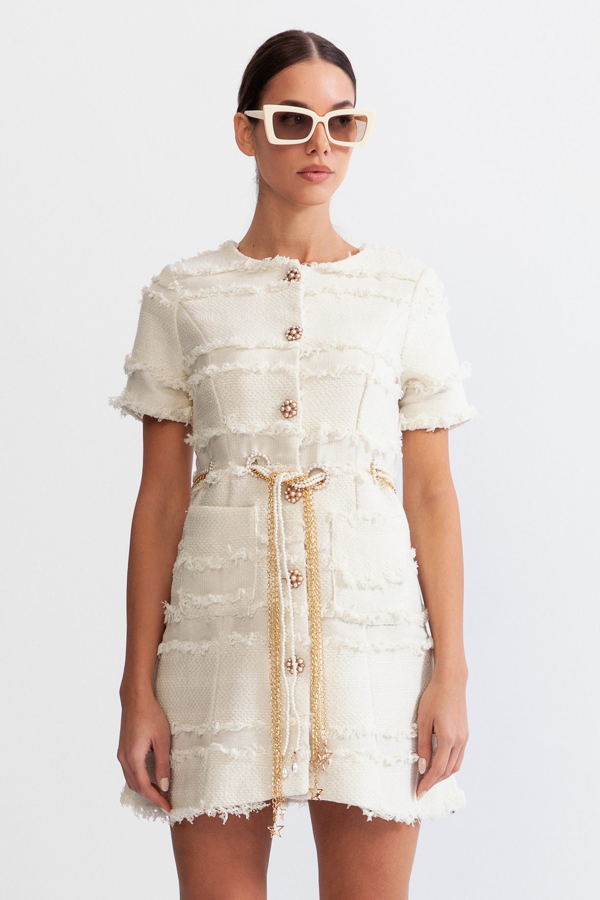 Aurore™ | Vestido tweed perlas beige
