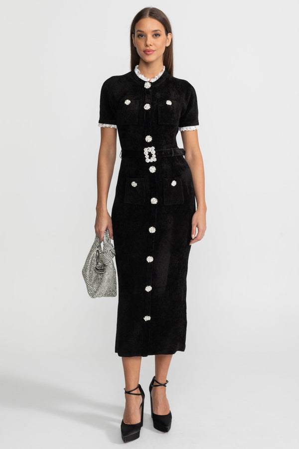 Madeleine™ | Vestido midi elegante con botones de cristal y acabados de encaje – negro