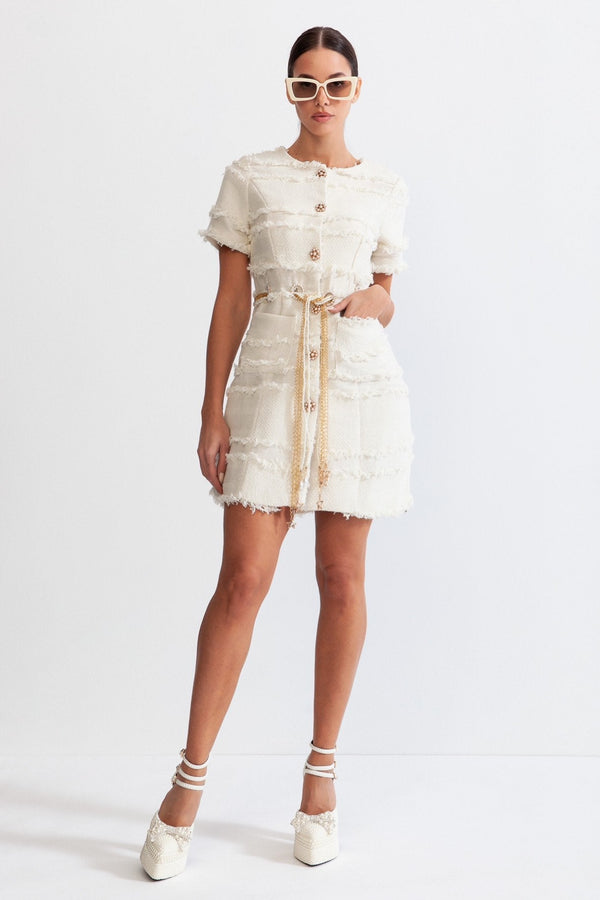 Aurore™ | Vestido de tweed con collar de perlas – beige